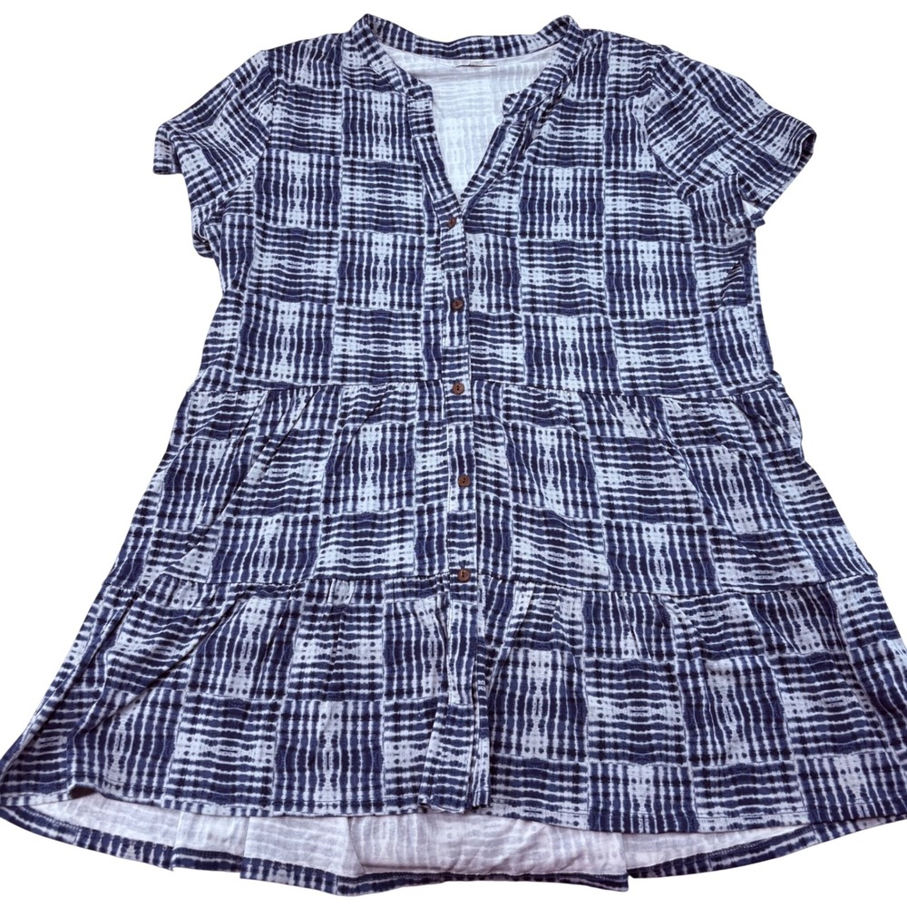 Wonderly Womens XL Blue Tie Dye Tiered Babydoll Dress Short Sleeve Button Front